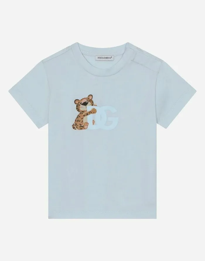 Dolce and Gabbana Topwear Children Jersey Tshirt With DG Logo Baby Leopard Print Grey