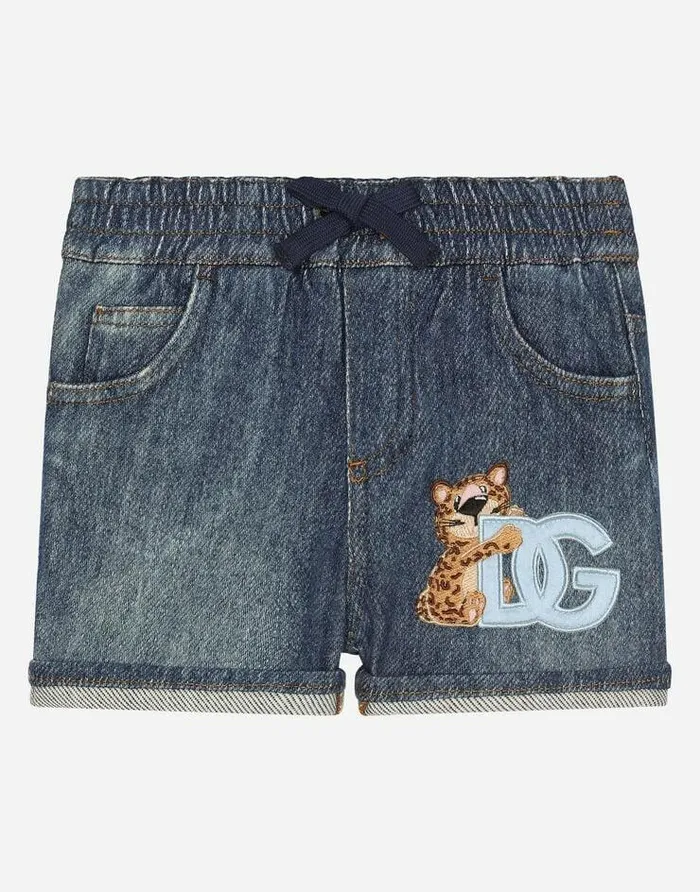 Dolce and Gabbana Trousers And Shorts Children Jersey Denim Jogging Shorts With DG Logo Blue