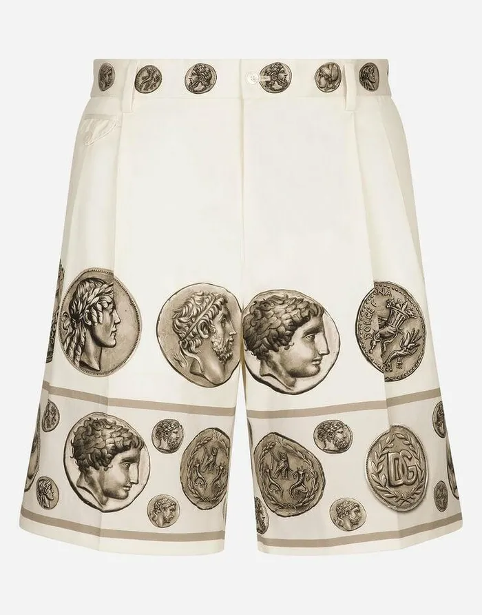 Dolce and Gabbana Trousers And Shorts Men Coin Print Stretch Drill Bermuda Shorts White Dolce and Gabbana Trousers And Shorts Men Coin Print Stretch Drill Bermuda Shorts White