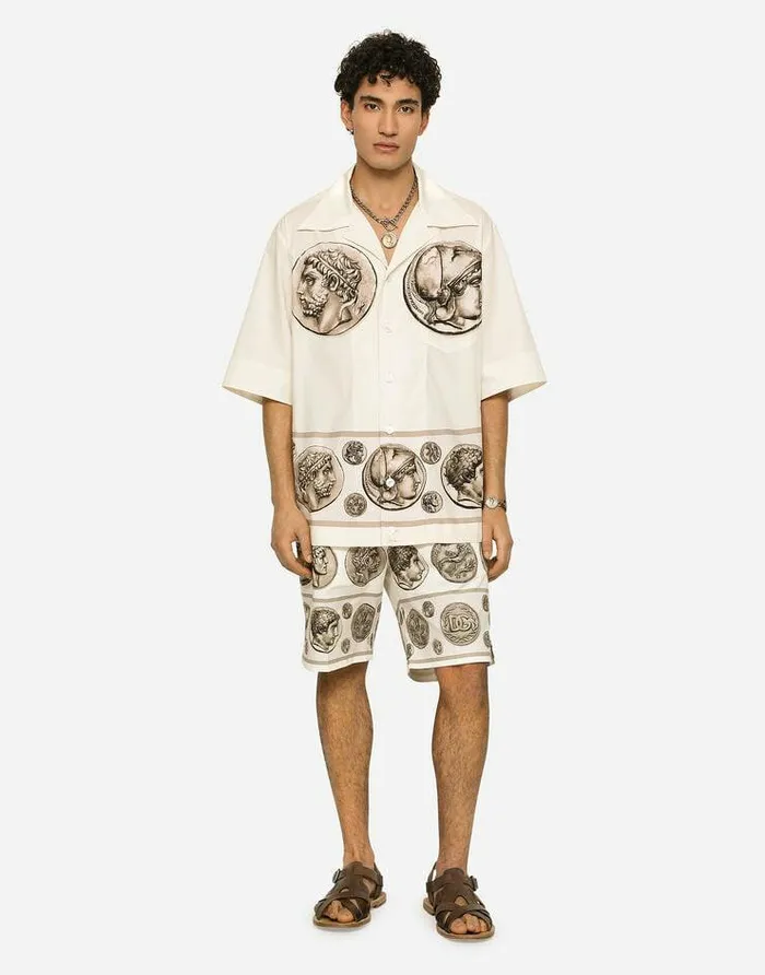 Dolce and Gabbana Trousers And Shorts Men Coin Print Stretch Drill Bermuda Shorts White Dolce and Gabbana Trousers And Shorts Men Coin Print Stretch Drill Bermuda Shorts White