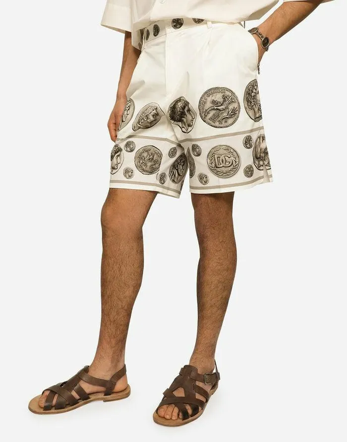 Dolce and Gabbana Trousers And Shorts Men Coin Print Stretch Drill Bermuda Shorts White Dolce and Gabbana Trousers And Shorts Men Coin Print Stretch Drill Bermuda Shorts White