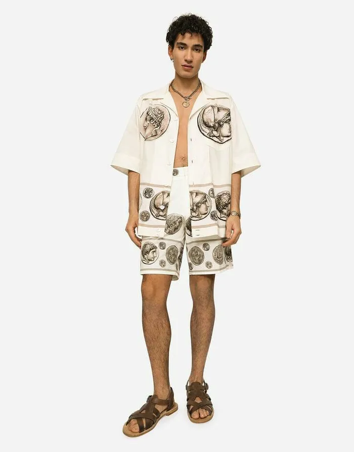 Dolce and Gabbana Trousers And Shorts Men Coin Print Stretch Drill Bermuda Shorts White Dolce and Gabbana Trousers And Shorts Men Coin Print Stretch Drill Bermuda Shorts White