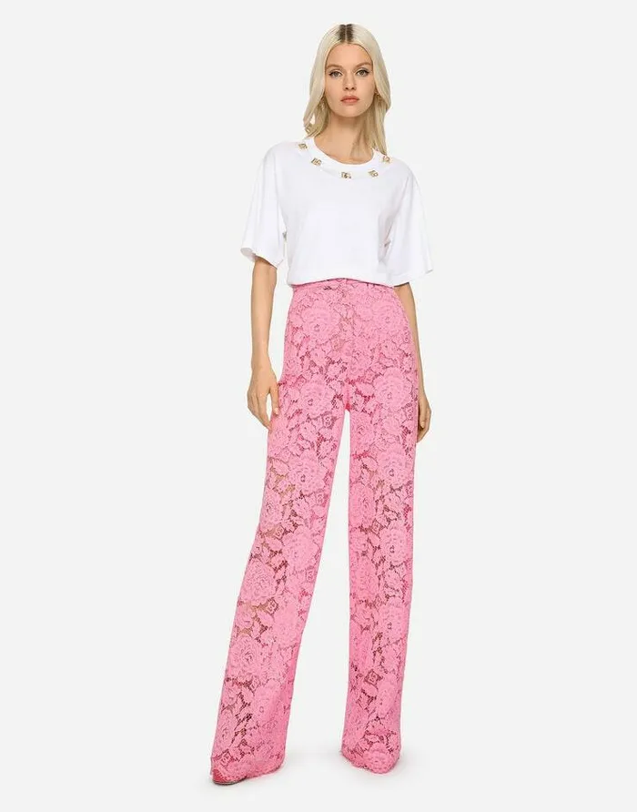 Dolce and Gabbana Trousers And Shorts Women Flared Branded Stretch Lace Pants Pink Dolce and Gabbana Trousers And Shorts Women Flared Branded Stretch Lace Pants Pink