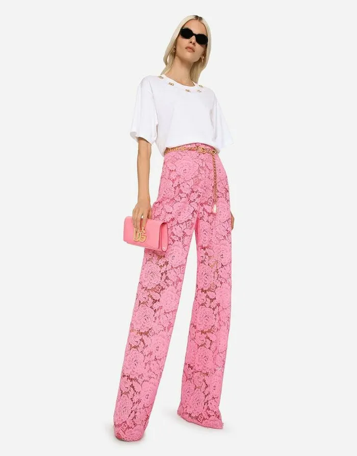 Dolce and Gabbana Trousers And Shorts Women Flared Branded Stretch Lace Pants Pink Dolce and Gabbana Trousers And Shorts Women Flared Branded Stretch Lace Pants Pink