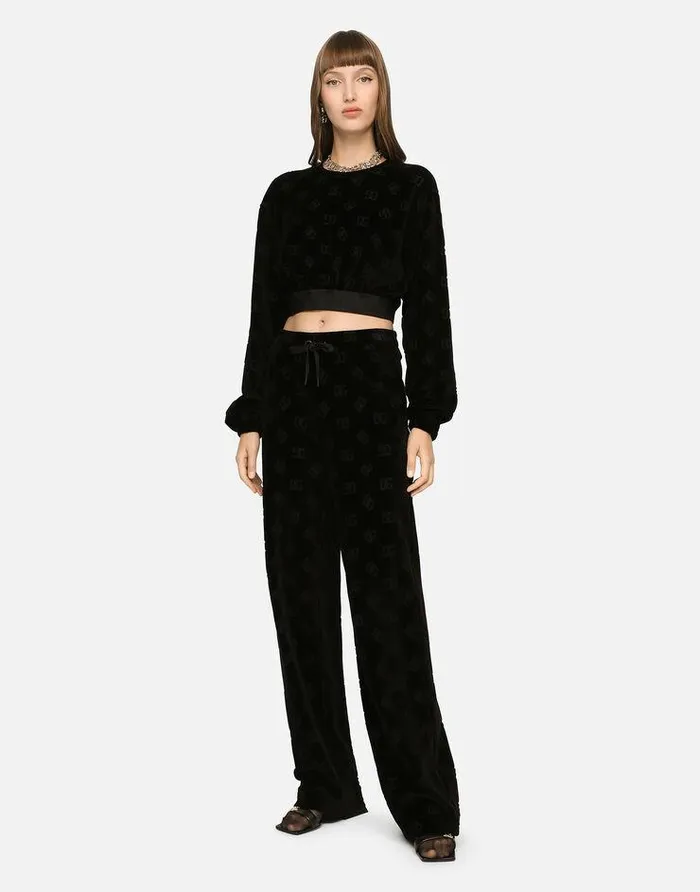 Dolce and Gabbana Trousers And Shorts Women Flocked Jersey Pants With Allover DG Logo Black Dolce and Gabbana Trousers And Shorts Women Flocked Jersey Pants With Allover DG Logo Black