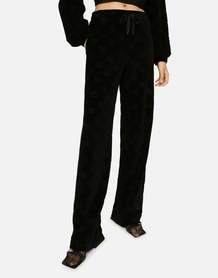 Dolce and Gabbana Trousers And Shorts Women Flocked Jersey Pants With Allover DG Logo Black Dolce and Gabbana Trousers And Shorts Women Flocked Jersey Pants With Allover DG Logo Black