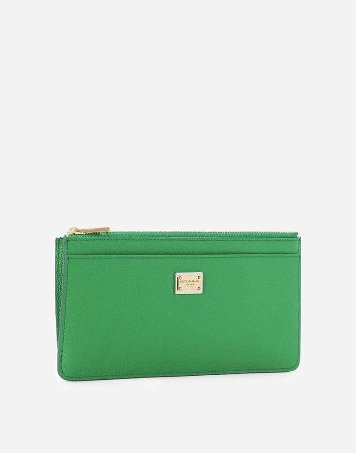 Dolce and Gabbana Wallets And Small Leather Goods Women Large Calfskin Card Holder With Zip And Branded Tag Green