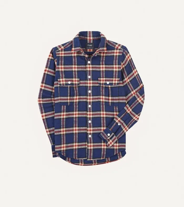 Drake039s Blue Red And Cream Check Brushed Cotton TwoPocket Work Shirt 8211 Shirts
