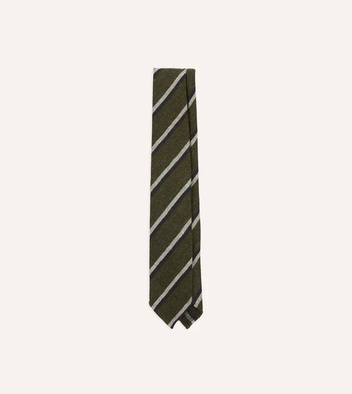 Drake039s Green And Navy Sandwich Stripe Hand Rolled Shetland Wool Tie 8211 Ties