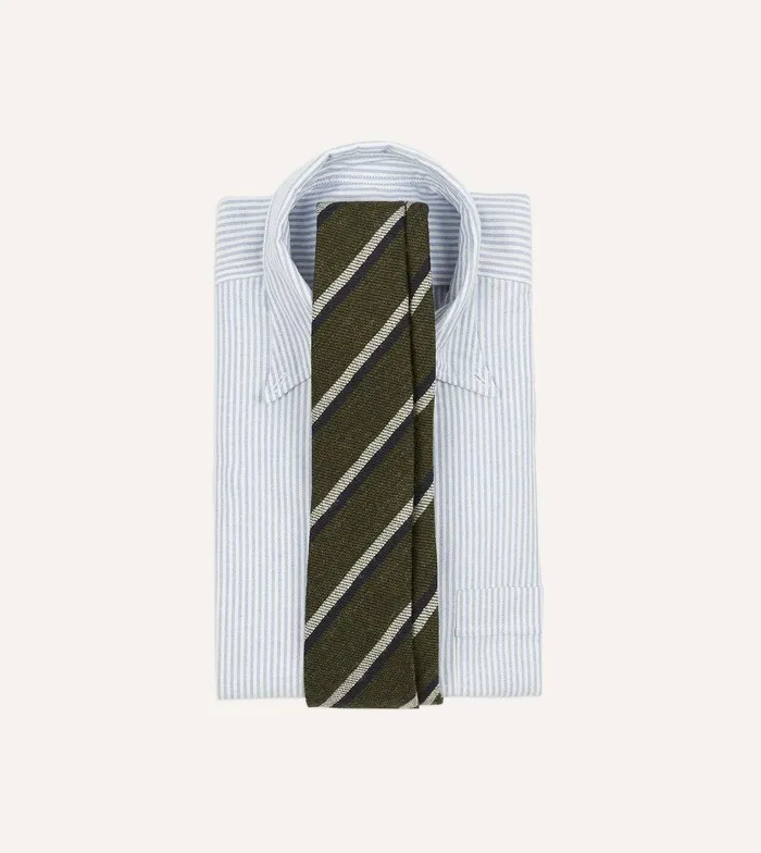 Drake039s Green And Navy Sandwich Stripe Hand Rolled Shetland Wool Tie 8211 Ties