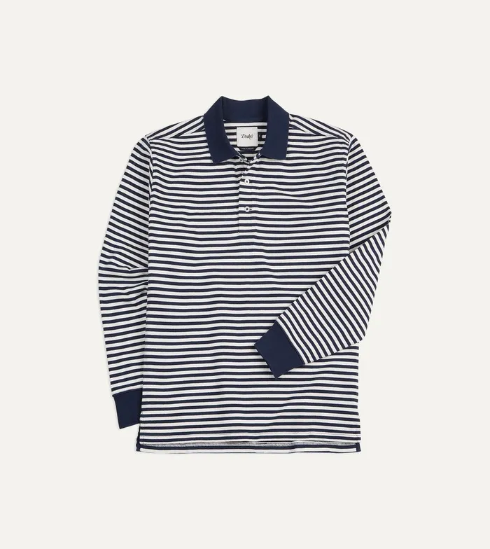 Drake039s Navy And Ecru Stripe Knitted Jersey Cotton LongSleeve Polo Shirt 8211 ClothingShirts