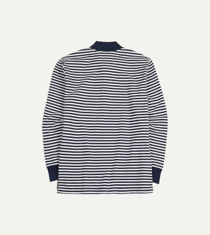 Drake039s Navy And Ecru Stripe Knitted Jersey Cotton LongSleeve Polo Shirt 8211 ClothingShirts