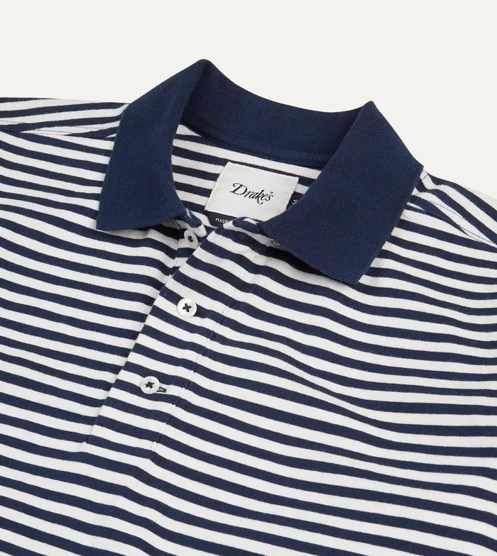 Drake039s Navy And Ecru Stripe Knitted Jersey Cotton LongSleeve Polo Shirt 8211 ClothingShirts