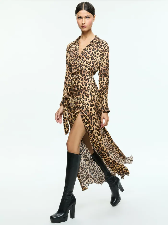 Dresses Women Alice Olivia Chassidy Maxi Shirt Dress Spotted Leopard Dark Tan