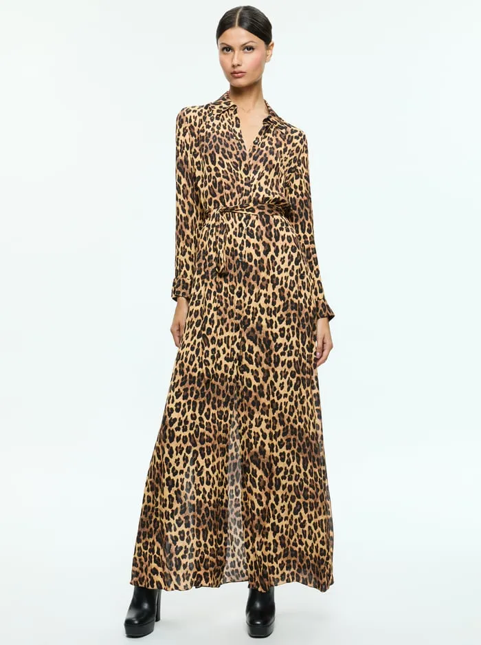 Dresses Women Alice Olivia Chassidy Maxi Shirt Dress Spotted Leopard Dark Tan