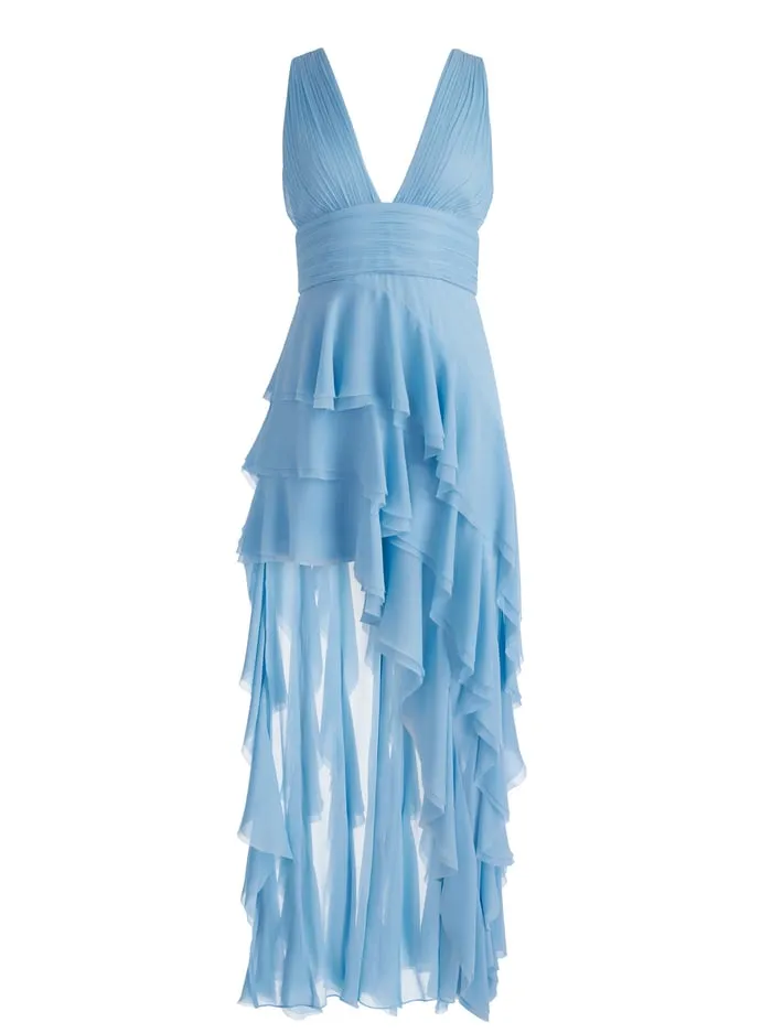 Dresses Women Alice Olivia Holly Low Neck Asymmetric Ruffled Maxi Dress Mineral Blue