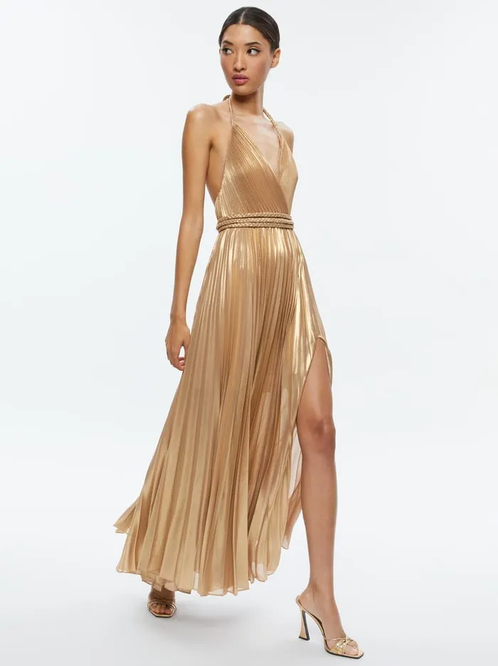 Dresses Women Alice Olivia Tresa Pleated Maxi Dress With Slit Gold