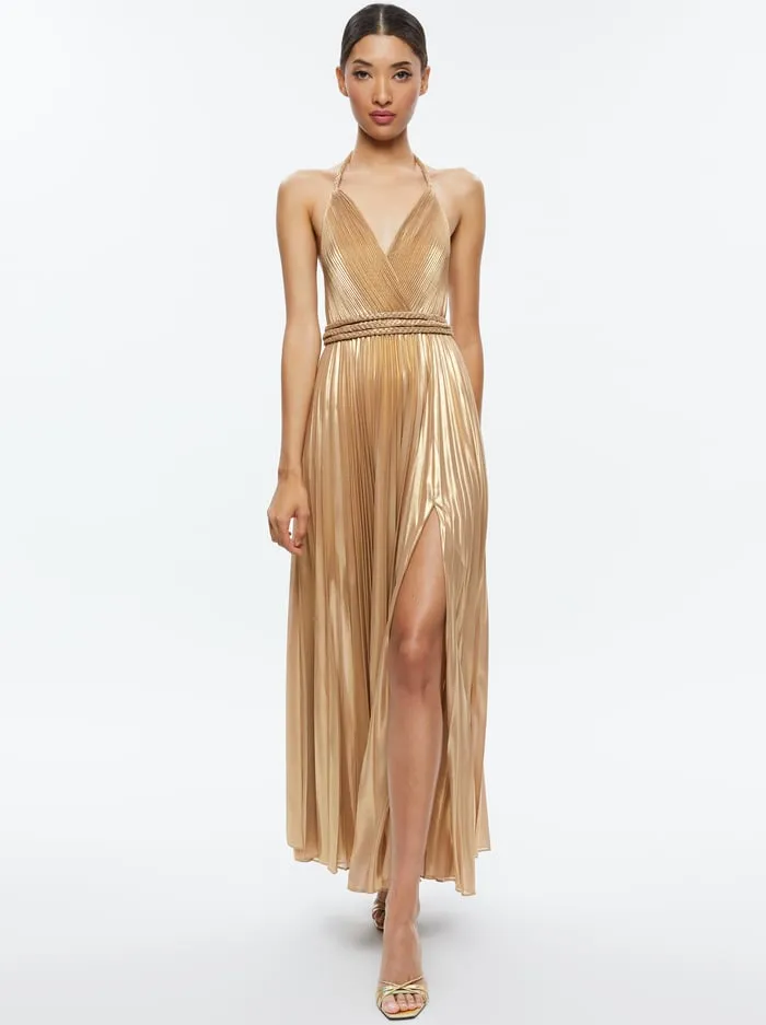 Dresses Women Alice Olivia Tresa Pleated Maxi Dress With Slit Gold