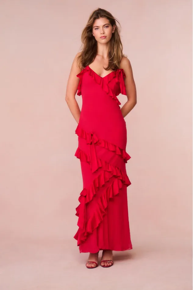 Dresses Women LoveShackFancy Rialto Silk Ruffle Maxi Dress Red