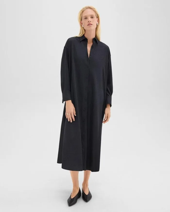 Dresses Women Theory Oversized Shirt Dress In Stretch Flannel Charcoal Melange