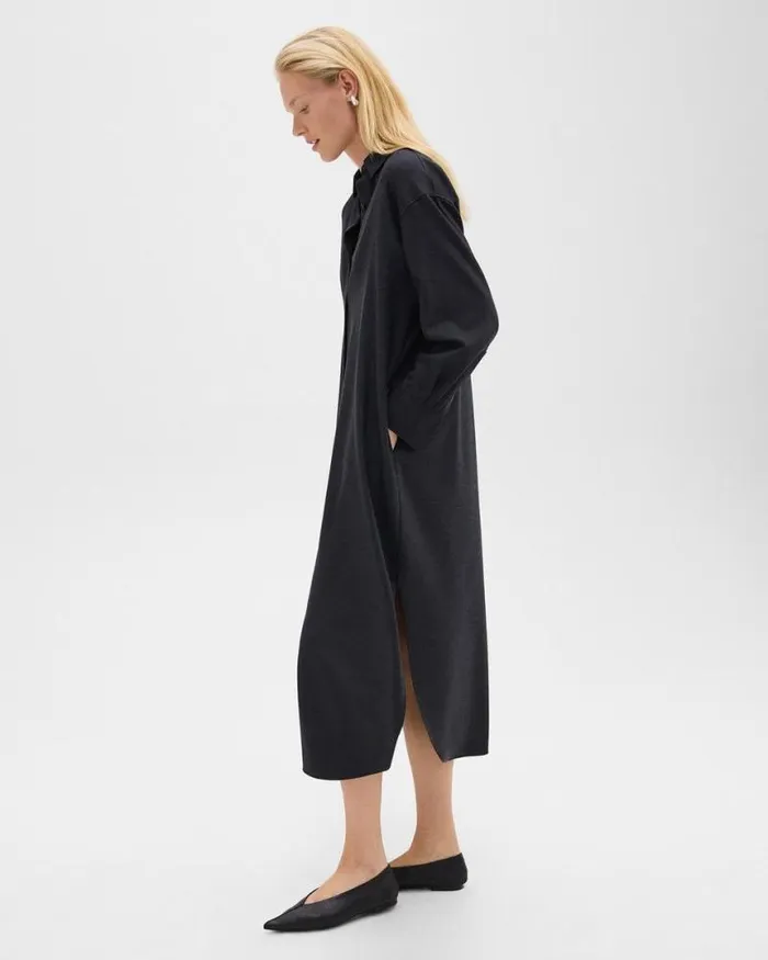 Dresses Women Theory Oversized Shirt Dress In Stretch Flannel Charcoal Melange Dresses Women Theory Oversized Shirt Dress In Stretch Flannel Charcoal Melange