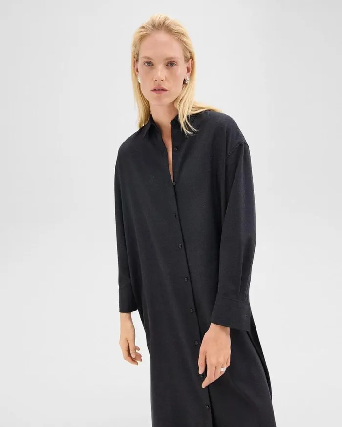 Dresses Women Theory Oversized Shirt Dress In Stretch Flannel Charcoal Melange Dresses Women Theory Oversized Shirt Dress In Stretch Flannel Charcoal Melange