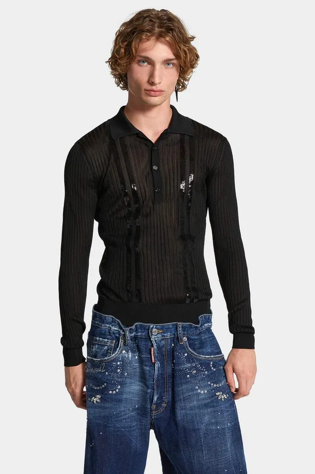 Dsquared2 Knitwear Sequin Stripe Knit Polo Black 8211 Men