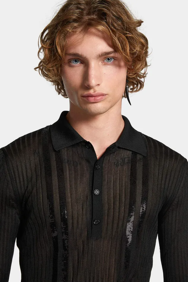 Dsquared2 Knitwear Sequin Stripe Knit Polo Black 8211 Men