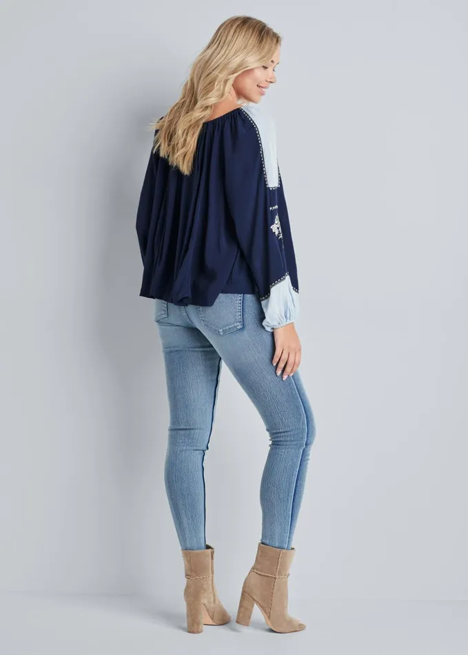 EMBROIDERED PEASANT TOP Navy Multi Women VENUS Casual Tops