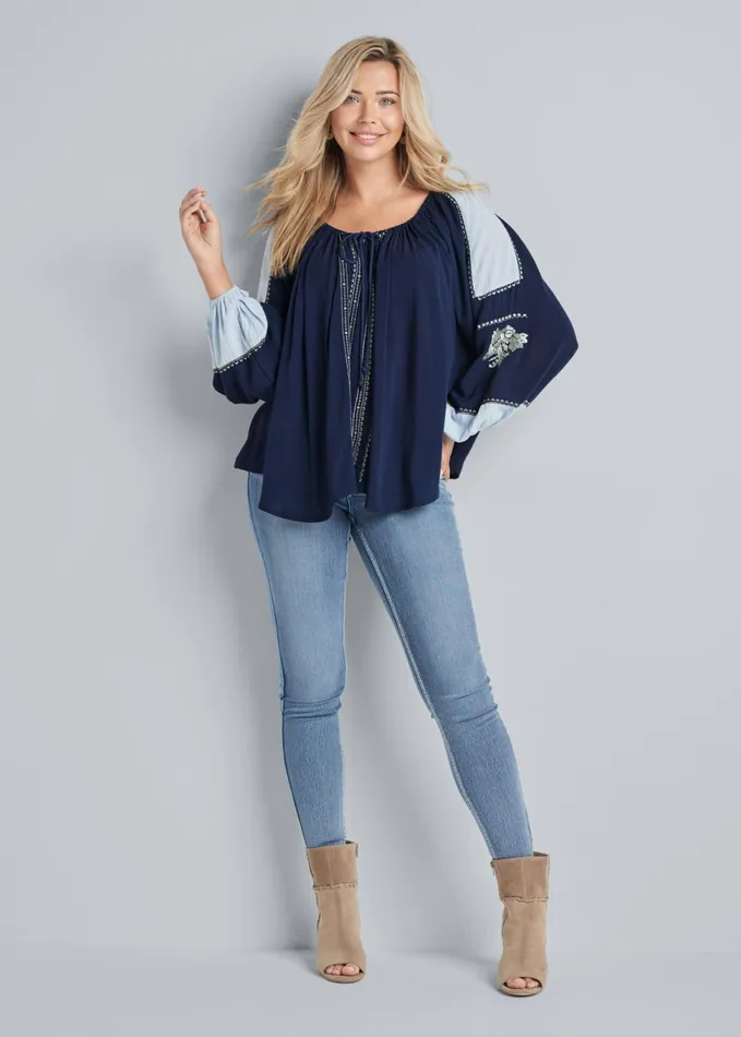 EMBROIDERED PEASANT TOP Navy Multi Women VENUS Casual Tops