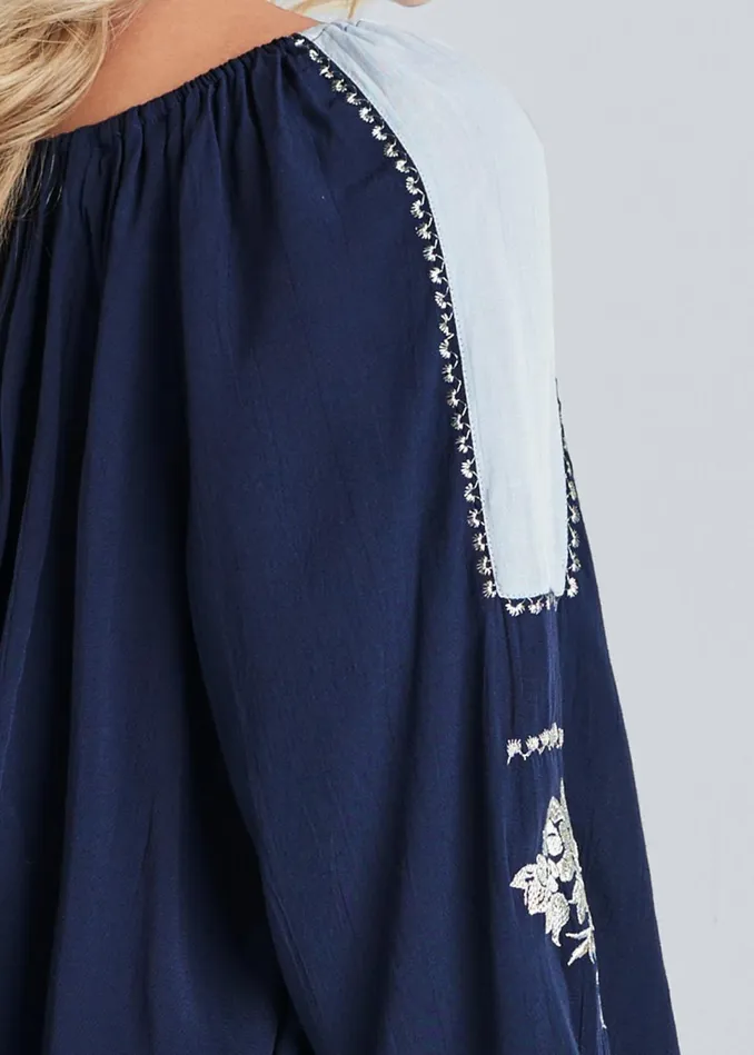 EMBROIDERED PEASANT TOP Navy Multi Women VENUS Casual Tops