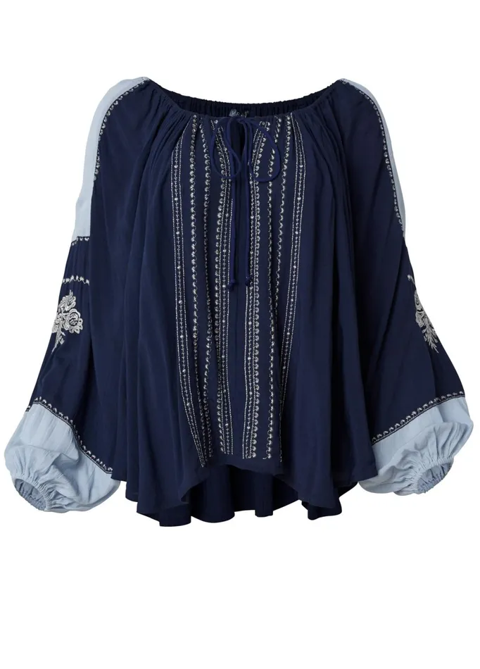 EMBROIDERED PEASANT TOP Navy Multi Women VENUS Casual Tops