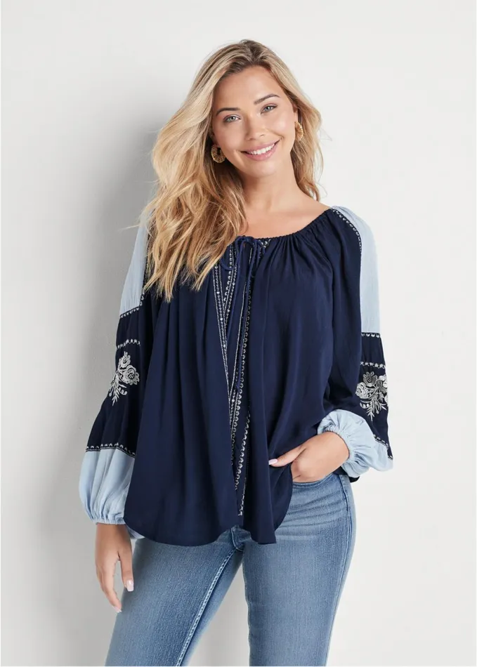 EMBROIDERED PEASANT TOP Navy Multi Women VENUS Casual Tops