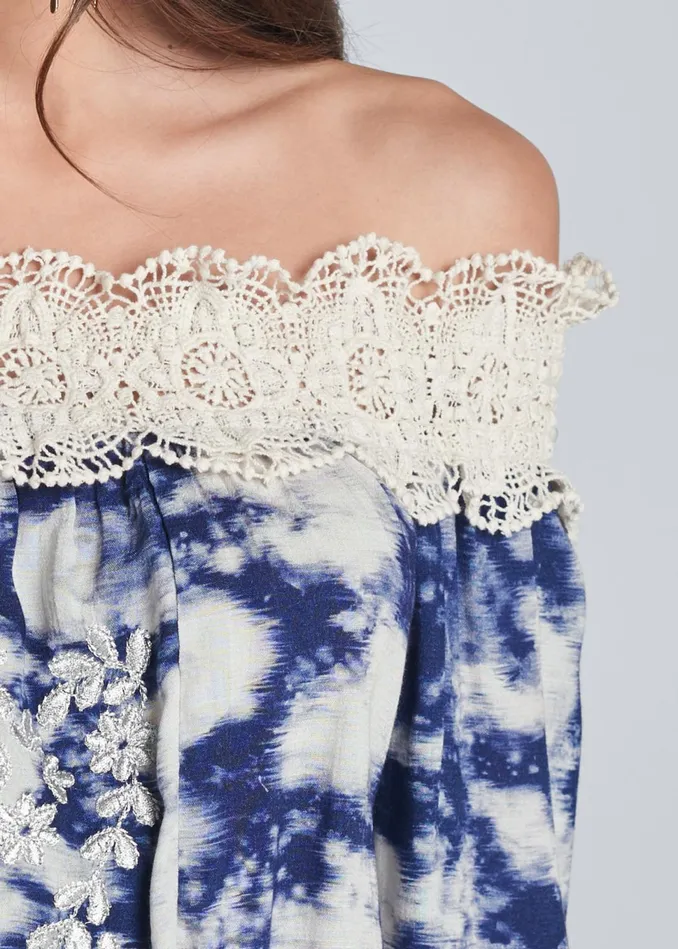 EMBROIDERED TIE DYE TOP Navy Multi Women VENUS Night Out Tops