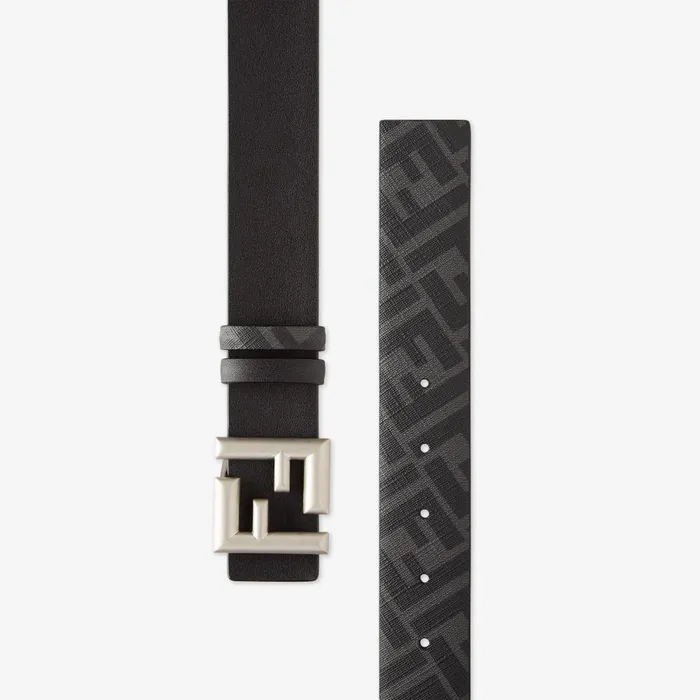 Fendi Belts FF Rounded Belt Black Leather And Black FF Canvas Reversible Belt 8211 Men