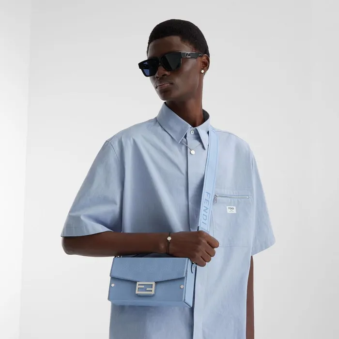 Fendi Messenger Bags Soft Trunk Baguette Sky Blue Leather Bag 8211 Men