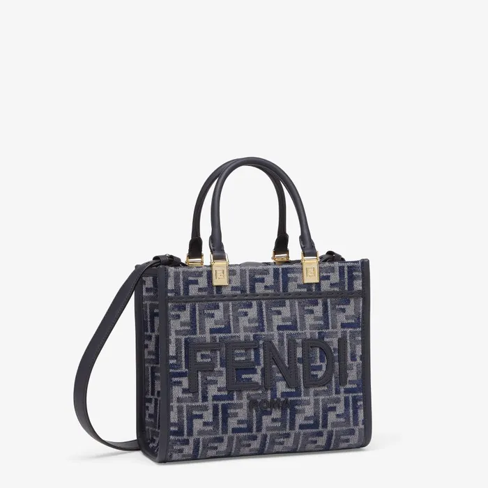 Fendi Tote Bags Fendi Sunshine Small Dark Blue FF Chenille Shopper 8211 Women