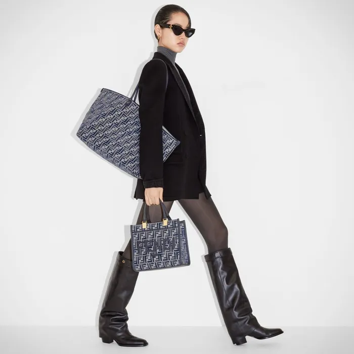 Fendi Tote Bags Fendi Sunshine Small Dark Blue FF Chenille Shopper 8211 Women