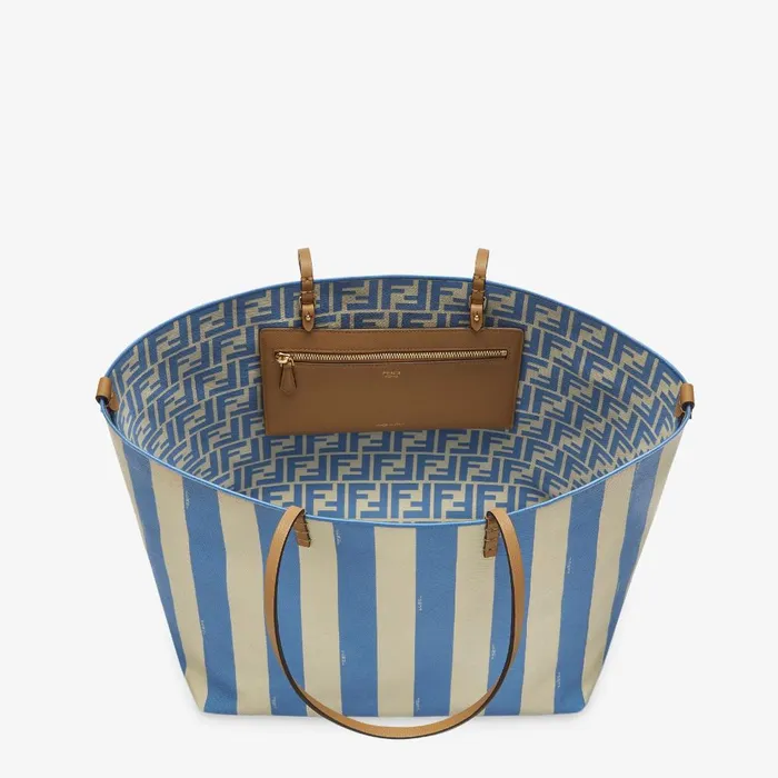 Fendi Tote Bags Large Roll Reversible Shopper In Pequin Striped And Light Blue FF Fabric 8211 Women