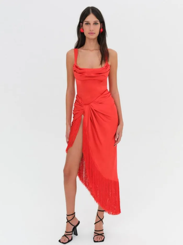 For Love and Lemons Dresses Anisa Fringe Midi Dress Red 8211 Women For Love and Lemons Dresses Anisa Fringe Midi Dress Red 8211 Women