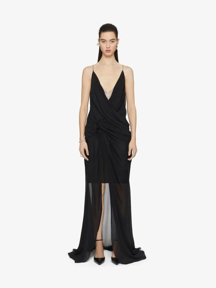 Givenchy Evening Draped Dress In Silk With Pearl Chains Black Women Dresses