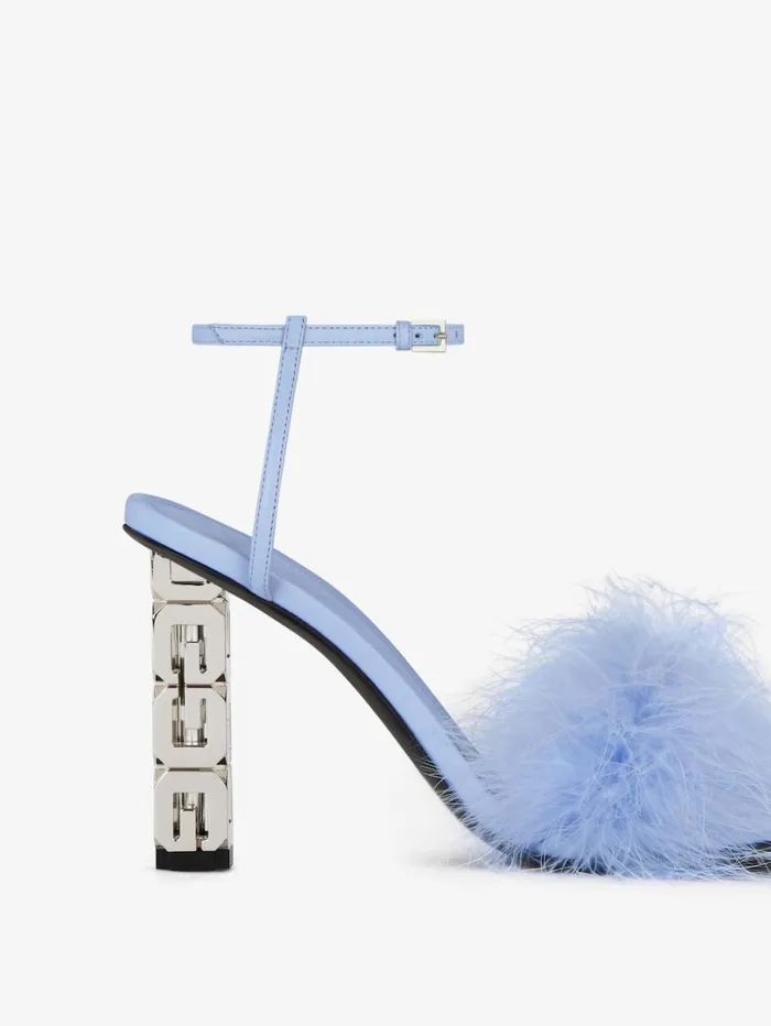 Givenchy G Cube Sandals In Leather With Feathers Cornflower Women Heels Givenchy G Cube Sandals In Leather With Feathers Cornflower Women Heels