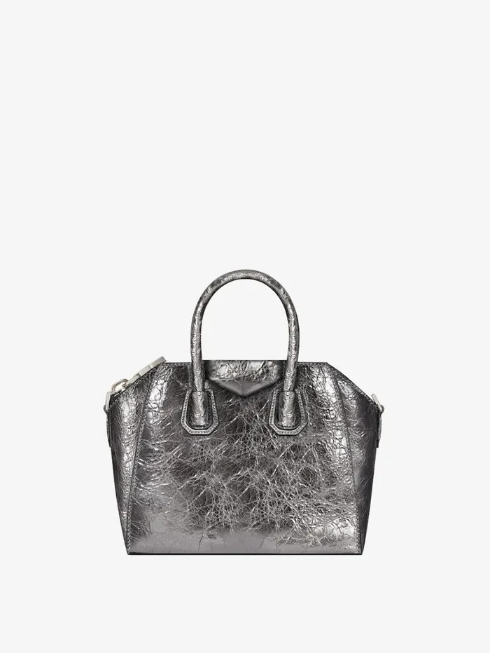 Givenchy Mini Antigona Bag In Laminated Leather Silvery Grey Women Crossbody Bags