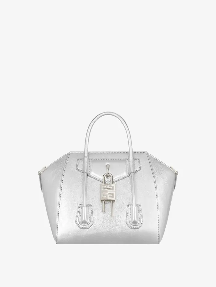 Givenchy Mini Antigona Lock Bag In Metallized Leather Silvery Grey Women Crossbody Bags