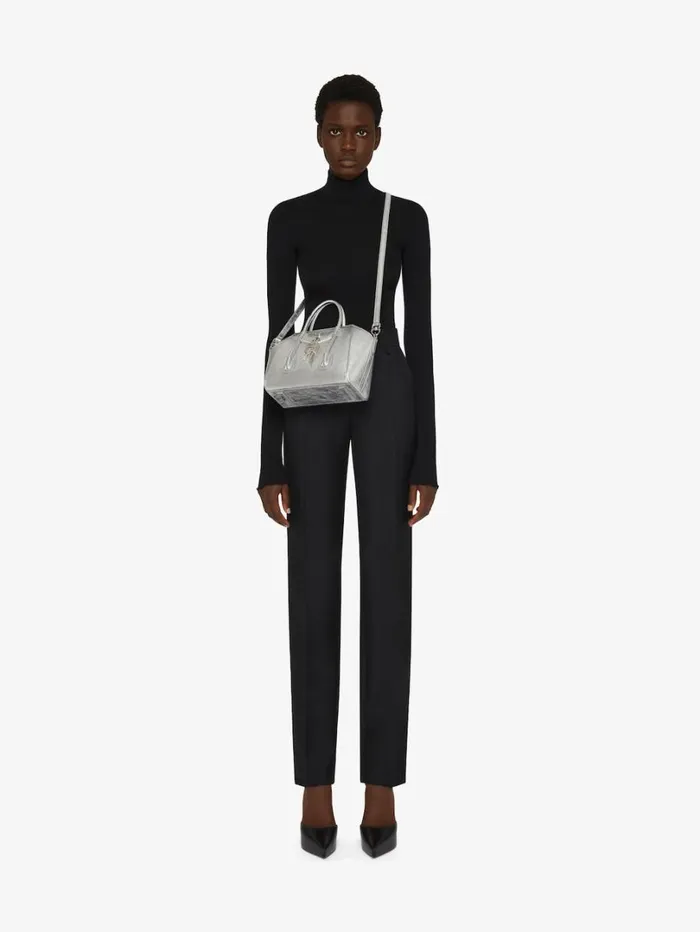 Givenchy Mini Antigona Lock Bag In Metallized Leather Silvery Grey Women Crossbody Bags