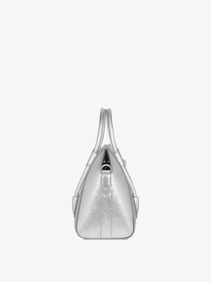 Givenchy Mini Antigona Lock Bag In Metallized Leather Silvery Grey Women Crossbody Bags