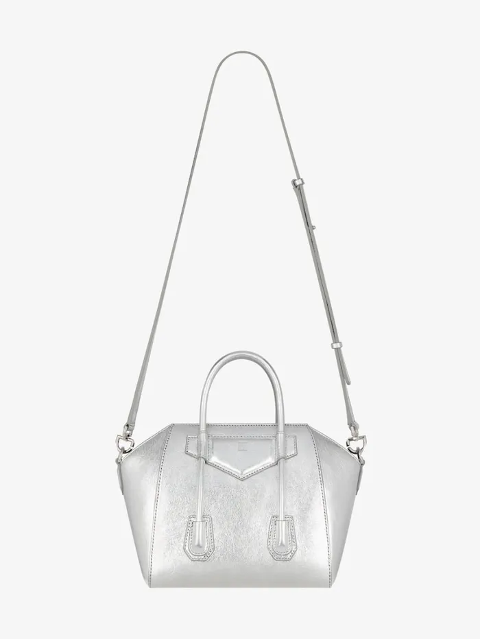 Givenchy Mini Antigona Lock Bag In Metallized Leather Silvery Grey Women Crossbody Bags