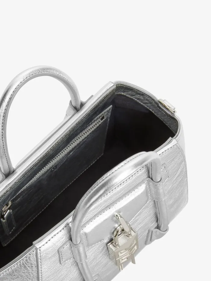 Givenchy Mini Antigona Lock Bag In Metallized Leather Silvery Grey Women Crossbody Bags