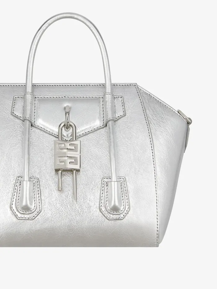 Givenchy Mini Antigona Lock Bag In Metallized Leather Silvery Grey Women Crossbody Bags
