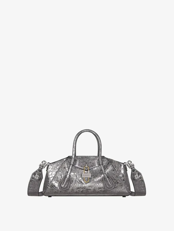 Givenchy Mini Antigona Stretch Bag In Laminated Leather Silvery Grey Women Crossbody Bags Givenchy Mini Antigona Stretch Bag In Laminated Leather Silvery Grey Women Crossbody Bags